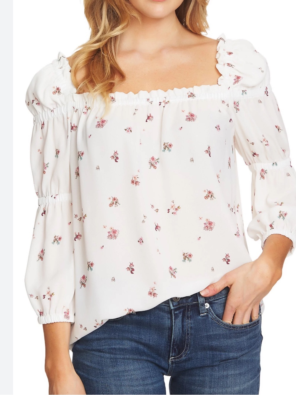 CeCe Cream Floral Square-Neck Puff Sleeve Blouse - Picture 7 of 7